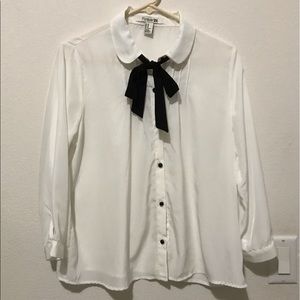 Forever 21 Sheer White Blouse with Black Ribbon
